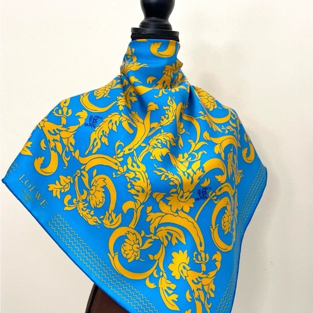 Loewe Scarf Madrid Baroque Floral Print Gold Blue Silk Wrap